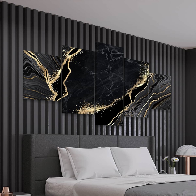 Wall Art Set: Five Piece Black and Gold Marble Abstract Canvas