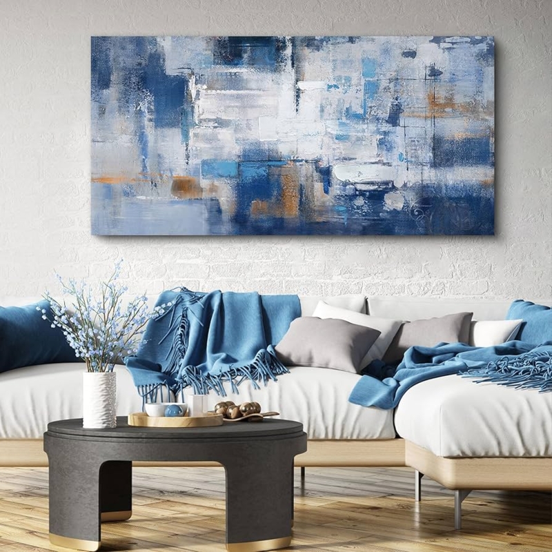 Wall Art Set: Fluid Indigo Strokes, Light Wood Frames. Contemporary Wall Decor.
