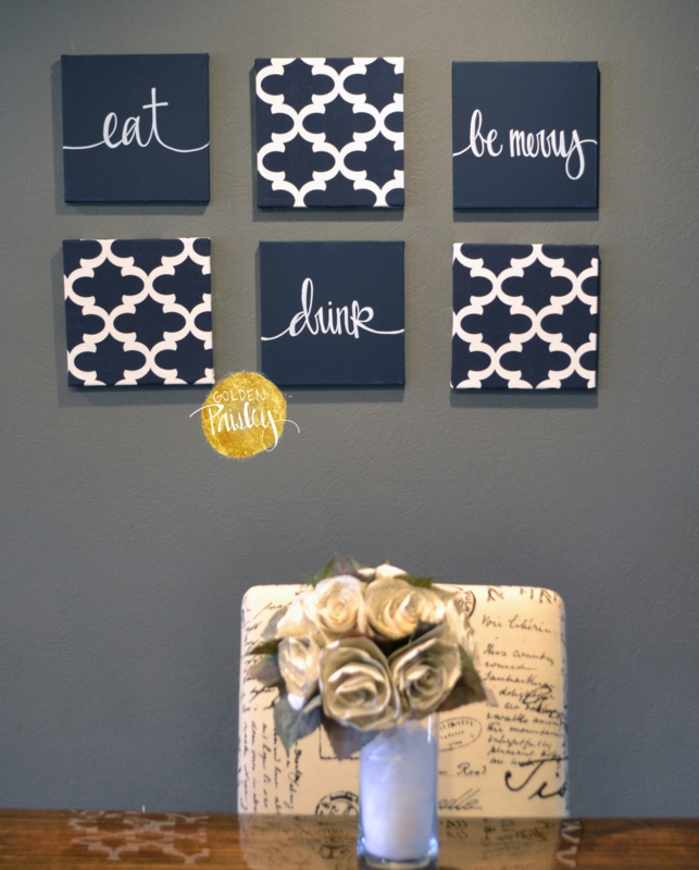 Wall Art Set Framed Navy Paisley Pattern Symmetrical Grid Layout