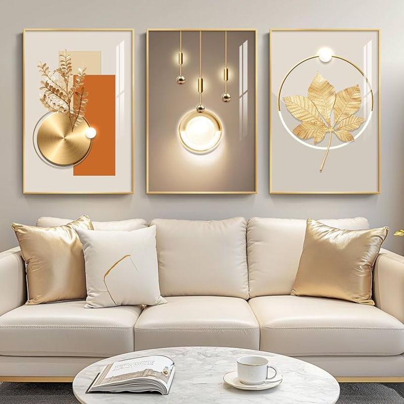 Wall Art Set: Gold Metallic Framed Triptych with Fluid Marbled Patterns