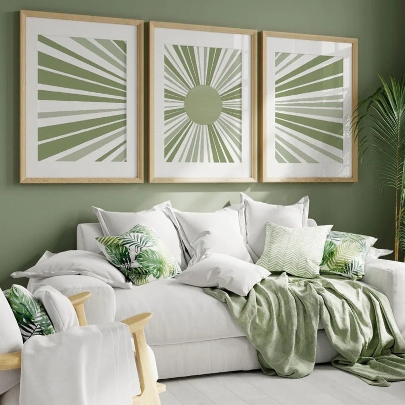 Wall Art Set Light Wood Frames Sage Green Abstract Prints for Bedroom