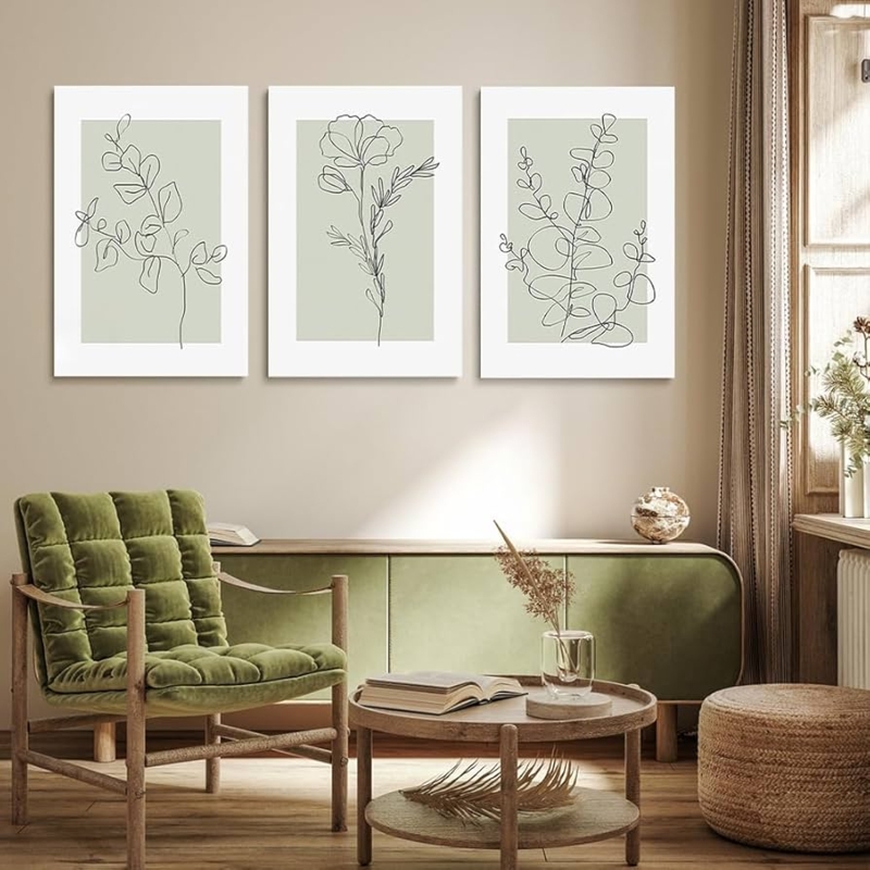 Wall Art Set Minimalist Botanical Line Art Sage Green Boho Style Decor