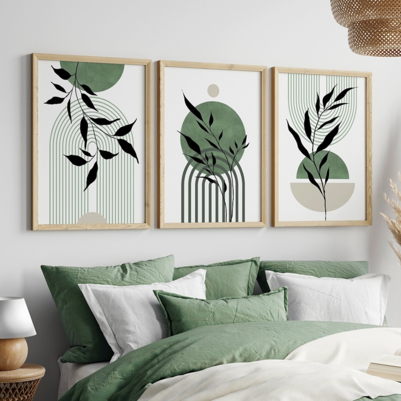 Wall Art Set Mixed Geometric Botanical Boho Prints Sage Green Palette
