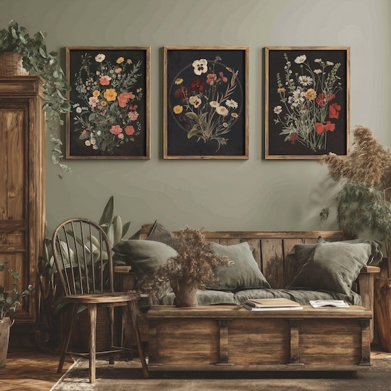 Wall Art Set Moody Botanical Black Background Triptych Black Frames