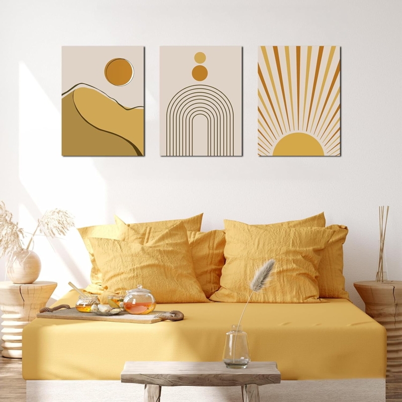 Wall Art Set of 3 Boho Minimalist Sun Mountain Motif