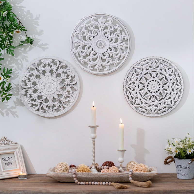 Wall Art Set of 3 Carved Wood Medallions Distressed Finish Farmhouse