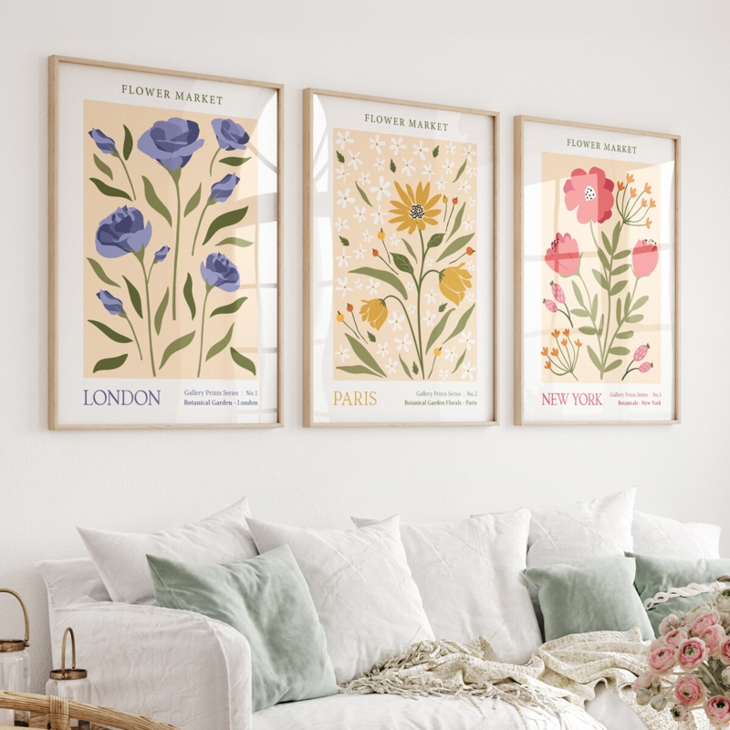 Wall Art Set of 3 Flower Market Typography Blush Pink Scandi Boho