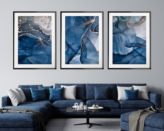 Wall Art Set of 3 Framed Watercolor Style Navy and Gold Tones