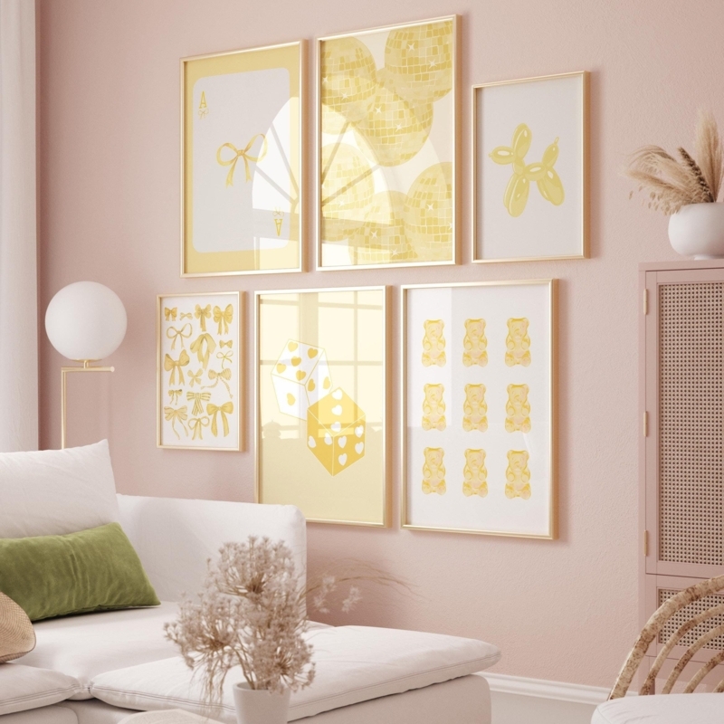 Wall Art Set of 6 Preppy Gallery Bow Motif Yellow Bedroom