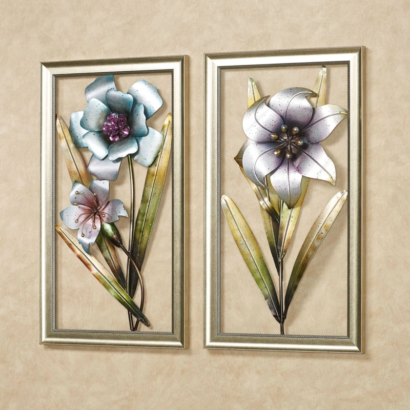 Wall Art Set Openwork Filigree Teal Floral Centers Bronze Coastal