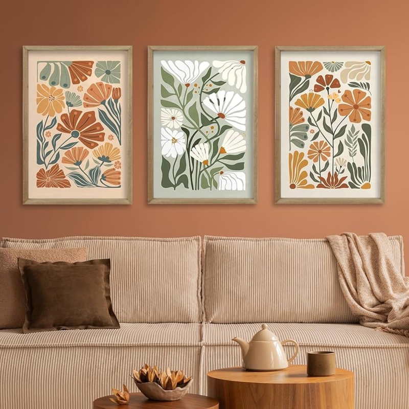 Wall Art Set Sage Green Botanical Wood Toned Frames Minimalist Boho