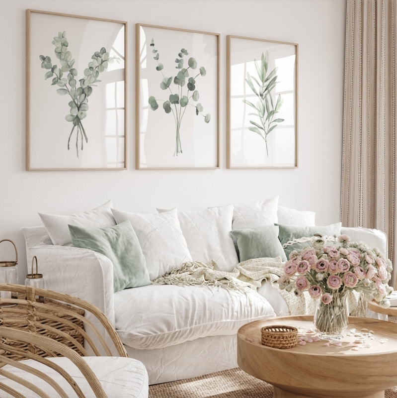 Wall Art Set Sage Green Botanicals Slender Wood Frames Scandinavian