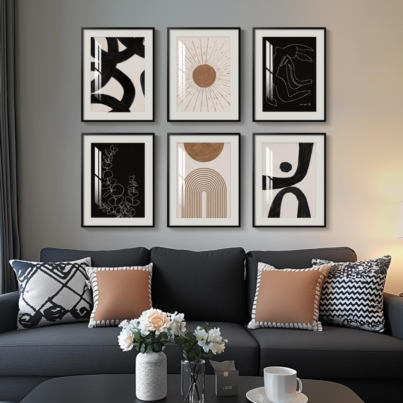 Wall Art Set: Six Framed Boho Abstract Prints for Curated Gallery Wall
