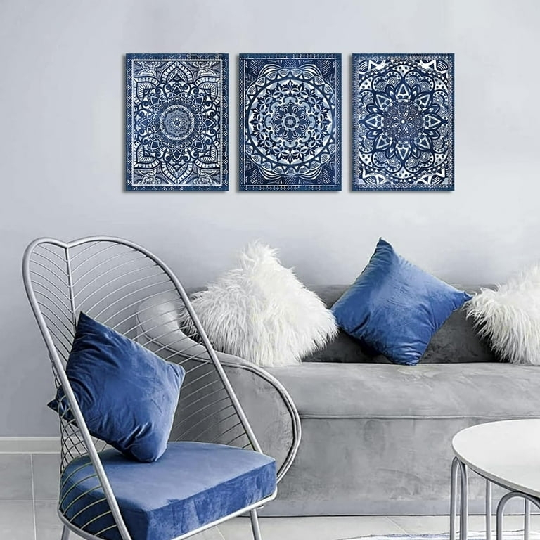 Wall Art Set: Six Mandala Motifs Prints, Navy and White Bohemian Decor.