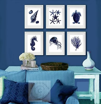 Wall Art Set: Six Piece Set Navy Blue Silhouettes, Marine Life Theme.