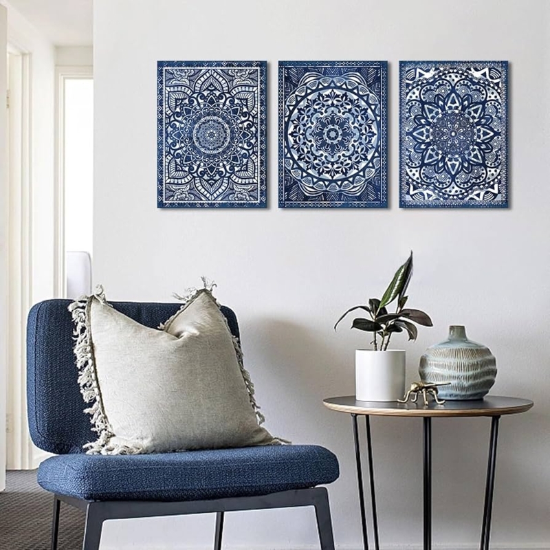 Wall Art Set: Talavera Style Tile Patterns, Navy Blue Bohemian Prints.