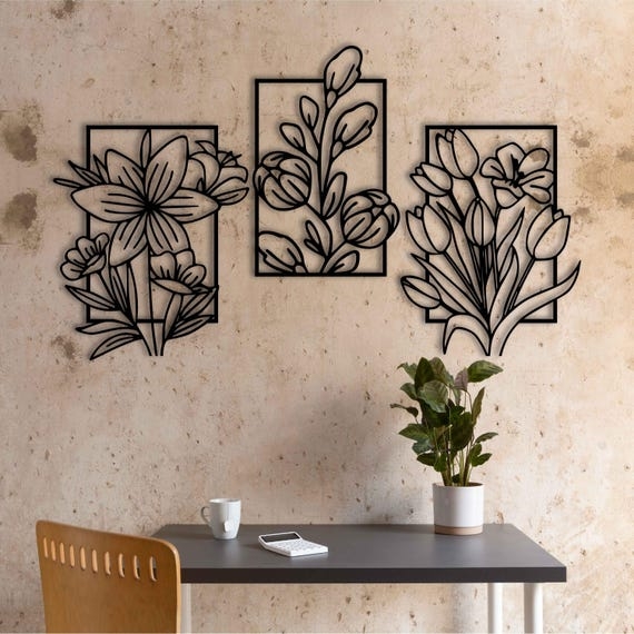 Wall Art Set Three Panel Metal Botanical Silhouette Over The Bed