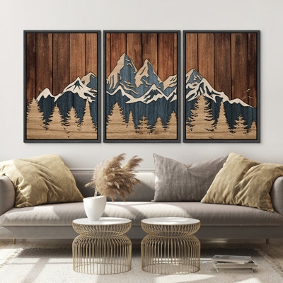 Wall Art Set Three Piece Framed Canvas Wood Effect Mountain Motif