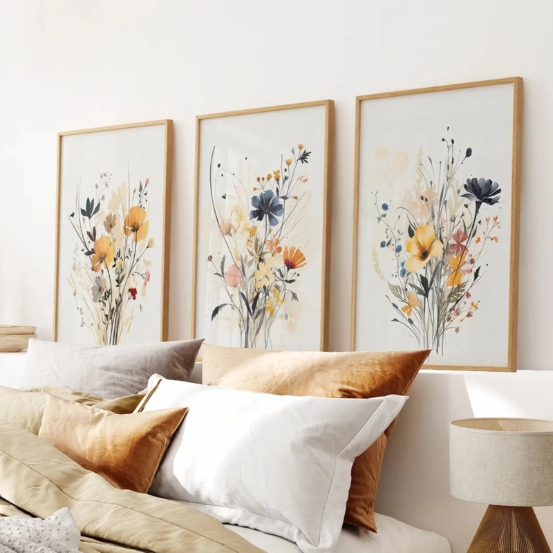 Wall Art Set Triptych Thin Wood Frames Botanical Scandinavian Decor