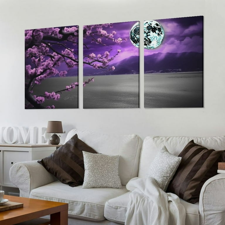 Wall Art Surrealist Purple Landscape Art Triptych Design Cherry Blossom