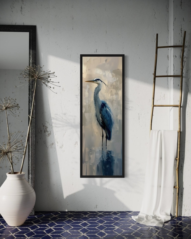Wall Art: Tall and Narrow Heron Silhouette Canvas, Modern Coastal Decor.