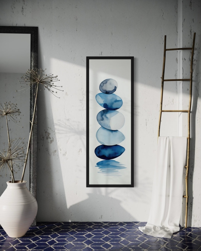 Wall Art: Tall Narrow Stacked Rock Motif, Modern Coastal Minimalist Decor.
