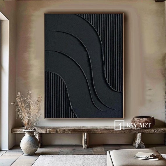Wall Art: Textured Black Abstract Painting with Blonde Wood Frame
