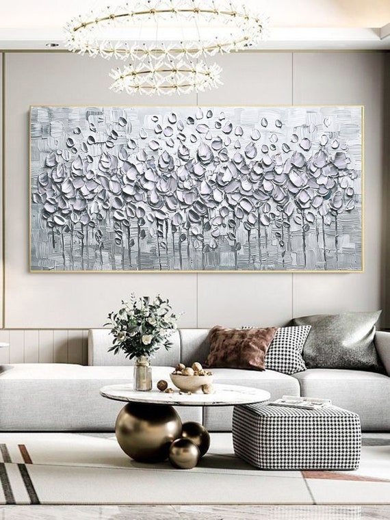 Wall Art: Textured Silver Abstract Canvas with Heavy Impasto