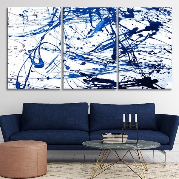 Wall Art Triptych: Abstract Splatter Design, Cobalt Accents on Canvas.
