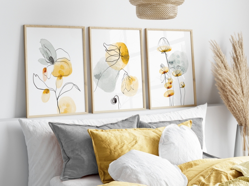 Wall Art Triptych Botanical Leaf Silhouettes Grey Scandinavian
