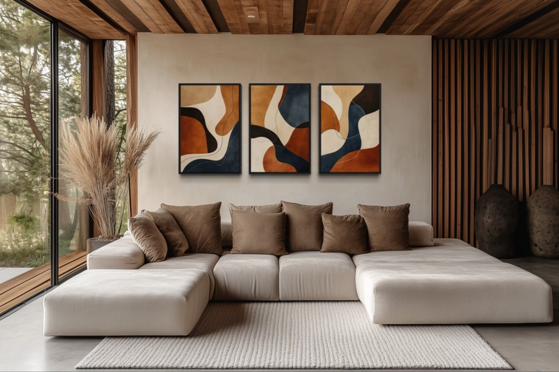 Wall Art Triptych Framed Geometric Mid Century Navy Accents