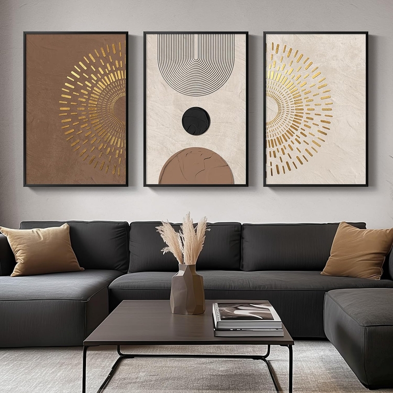 Wall Art Triptych Framed Gold Accents Boho Minimalist Abstract
