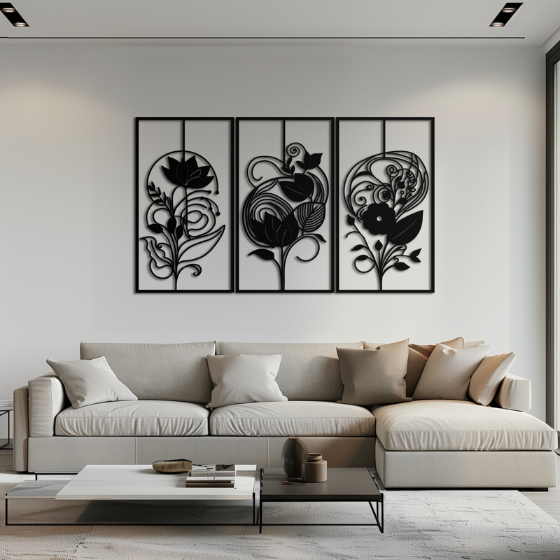 Wall Art Triptych Laser Cut Botanical Silhouette Matte Black Metal