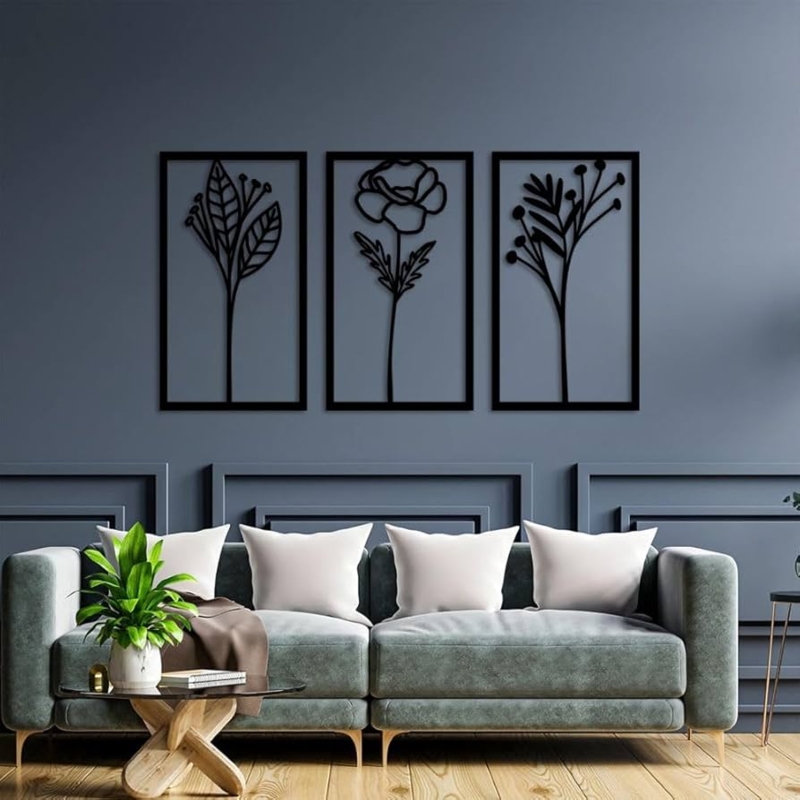 Wall Art Triptych Layout Metal Cutout Botanical Silhouette Black