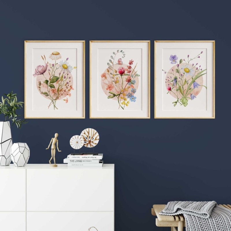 Wall Art Triptych Light Wood Frames Wildflower Earthy Farmhouse Decor
