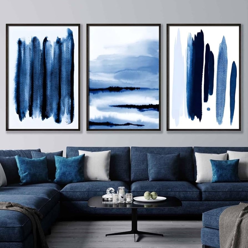Wall Art Triptych Minimalist Watercolor Navy Blue Abstract Set