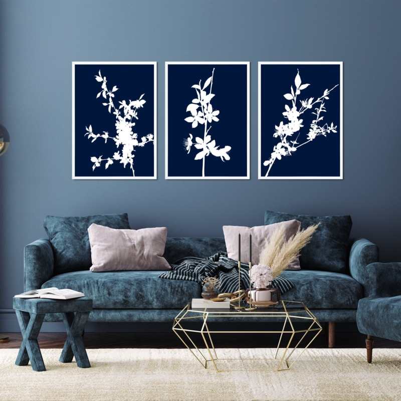 Wall Art Triptych: Navy Floral Contrast, Cherry Blossoms. Minimalist Decor.