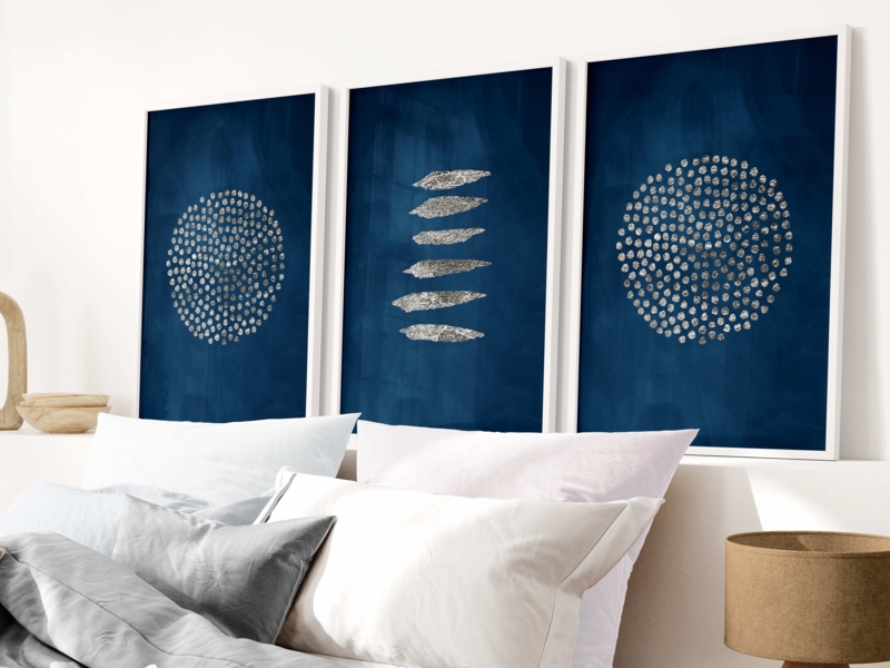 Wall Art Triptych: Navy Fluid Marble Pattern with Silver Metallic Accents.