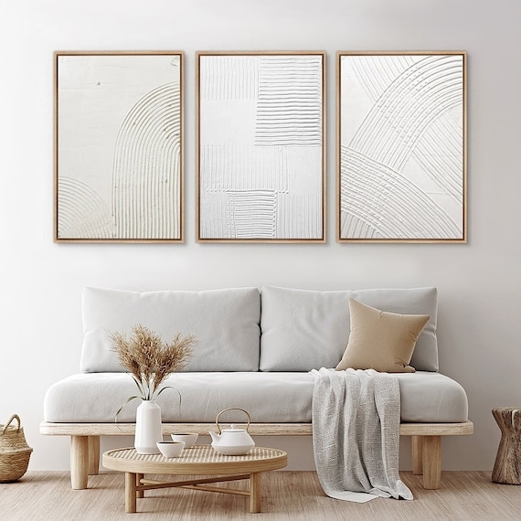 Wall Art Triptych Set Framed Textured Abstract Prints Wood Toned