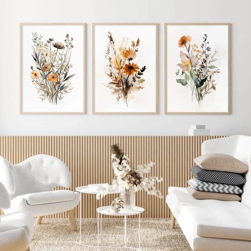 Wall Art Triptych Watercolor Wildflowers Canvas Prints Farmhouse Style