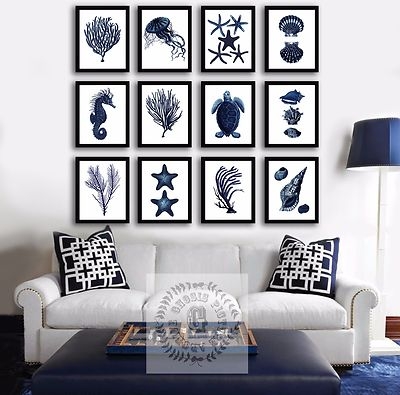 Wall Art Twelve Piece Set Marine Life Motif Navy Blue Background