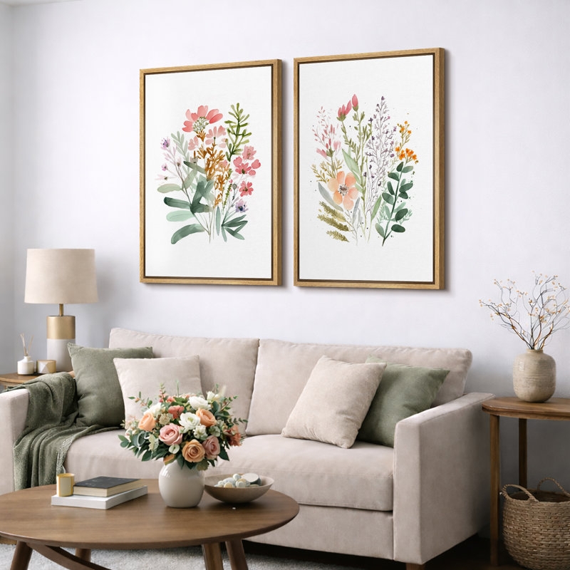Wall Art Two Piece Set Wildflower Canvas Thin Black Frame Bohemian