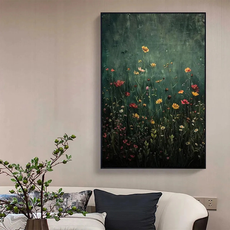 Wall Art Vertical Painting Dark Green Impressionist Floral Moody