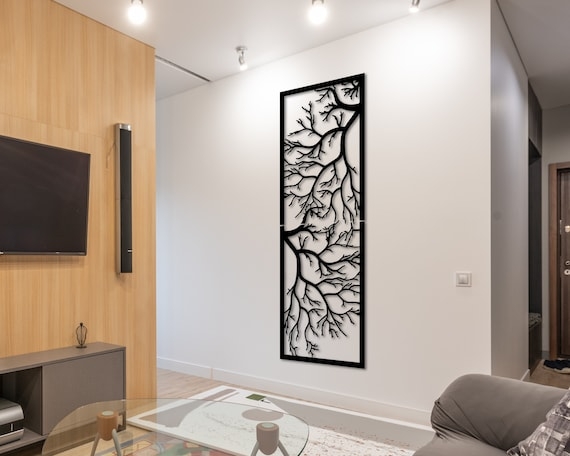 Wall Art Vertical Tree Silhouette Black Metal Rectangular Frame
