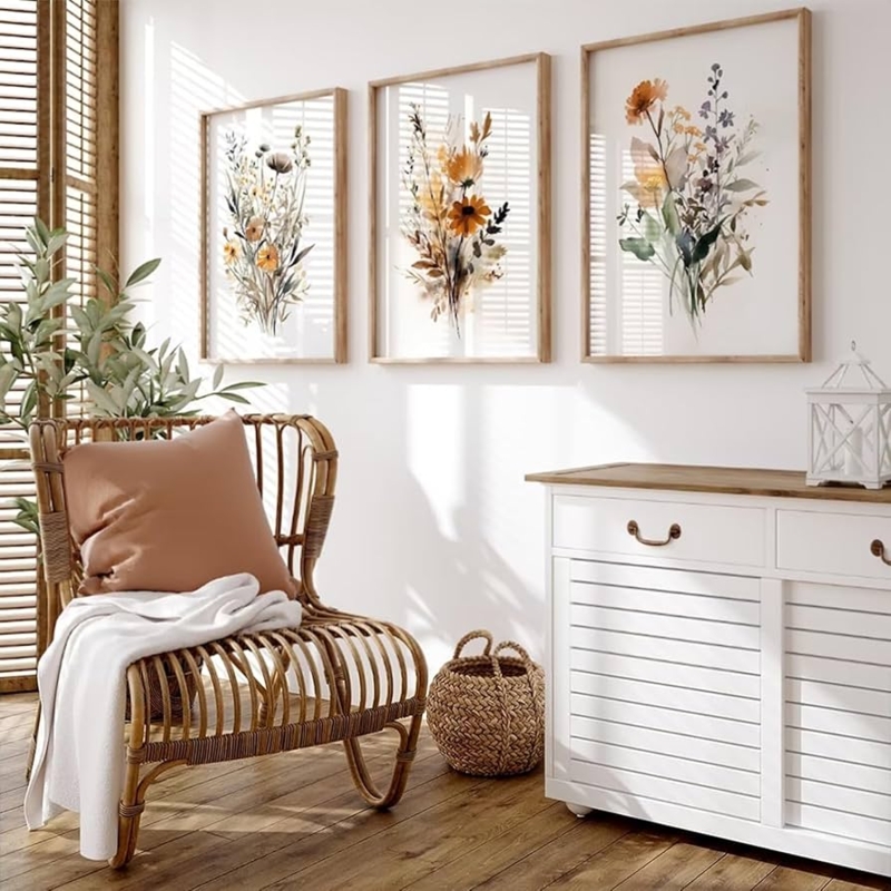 Wall Art Wildflower Triptych Cream Canvas Slim Wood Frames Farmhouse