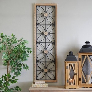 Wall Art Wood Toned Frame Black Floral Silhouette Farmhouse Style