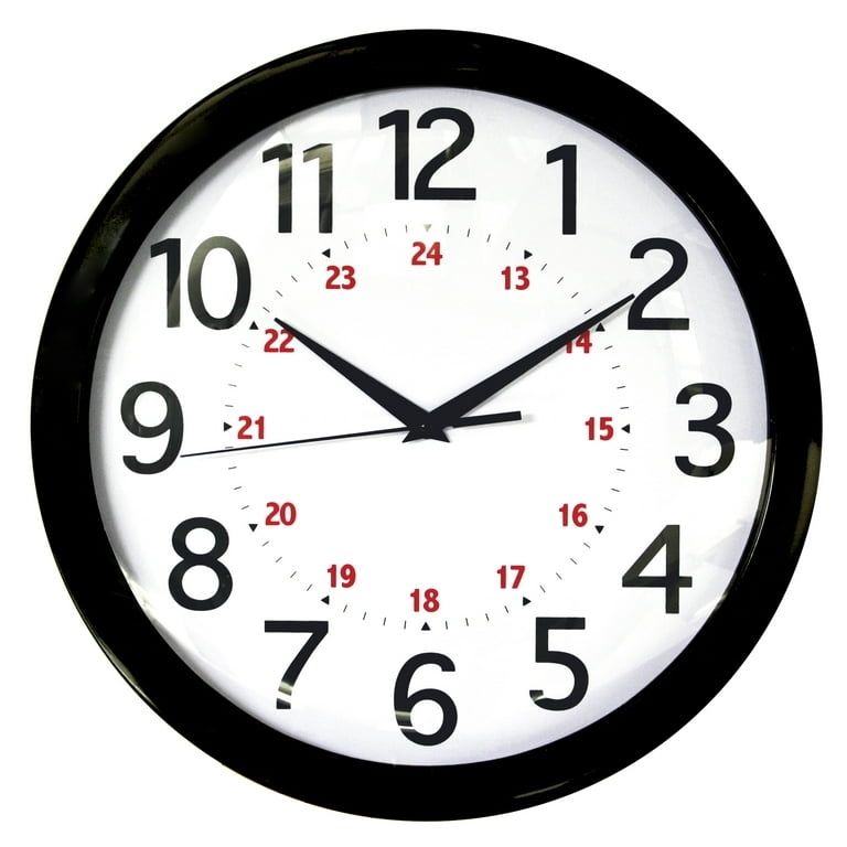 Wall Clock, 24 Hour Dial, Red Second Hand, Matte Black Frame, Utility Decor