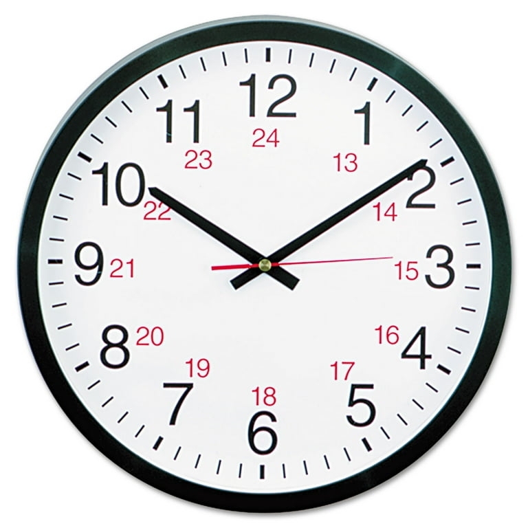 Wall Clock 24 Hour Display Black Case Red Accents Utilitarian Military Time