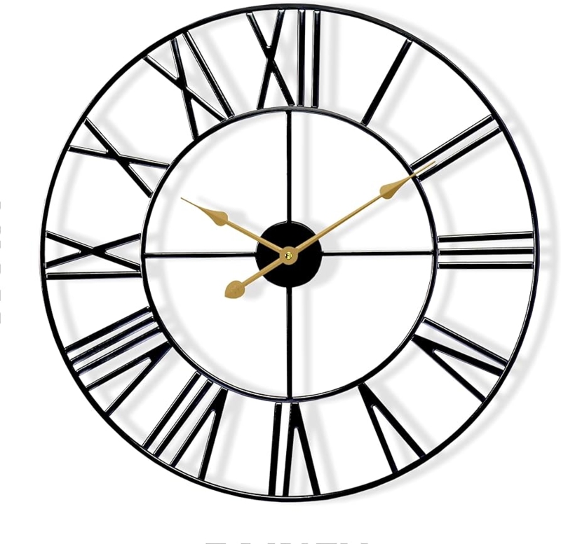 Wall Clock 24 Inch Black Metal Open Frame Industrial Skeletal Design