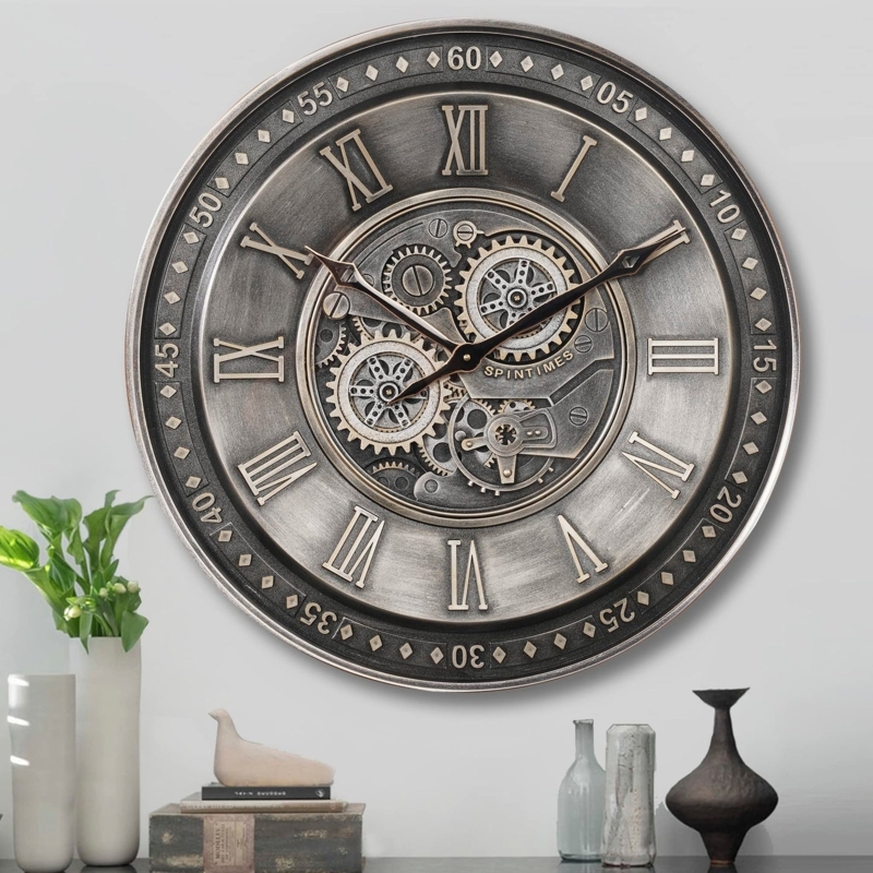 Wall Clock 24 Inch Exposed Mechanism Moving Gears Modern